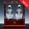 Inverness Crystal Flame Pair Fully Cut Decanters and Wood Tantalus