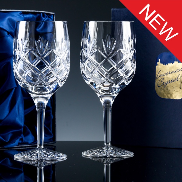 Inverness Crystal Traditional Fully Cut 24% Lead Crystal 10oz Wine Glass, Pair, Satin Boxed